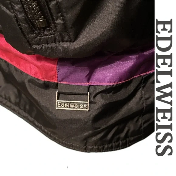 VINTAGE 80s 90s Edelweiss Skiwear Puffer Ski Jacket Snow Parka Black Pink Purple